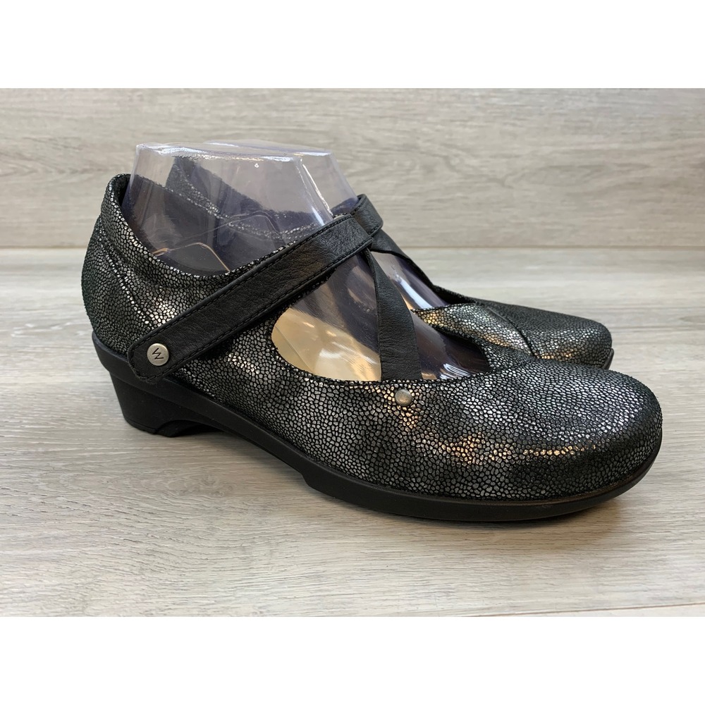 Wolky Women's Metallic Silver Black Crackle Leather 9 Mary Jane Wedge Shoes